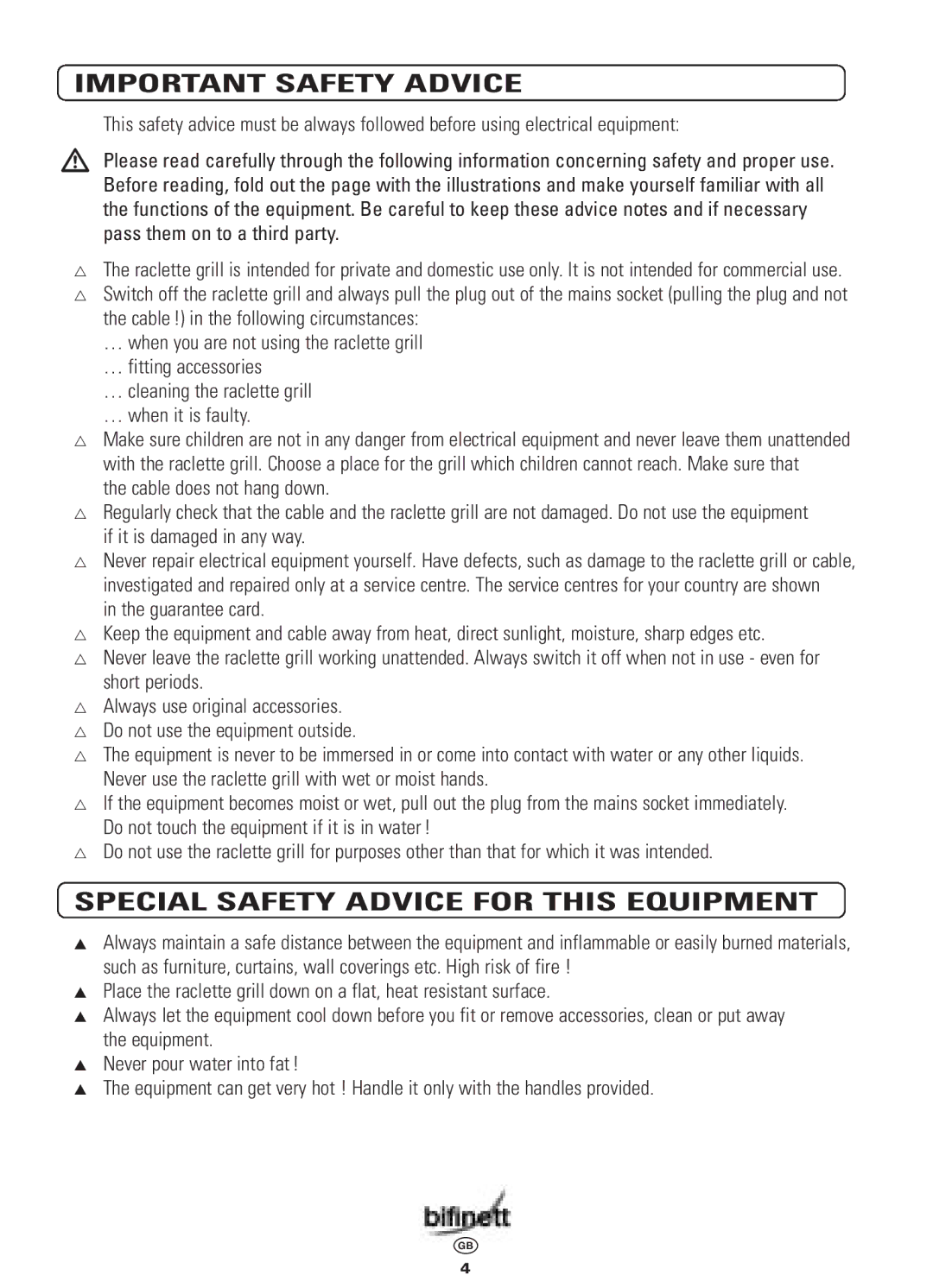 Bifinett KH 398 manual Important Safety Advice, Special Safety Advice for this Equipment 