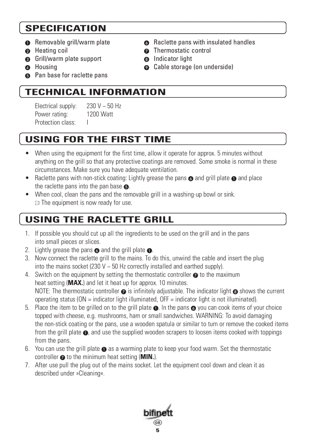 Bifinett KH 398 manual Specification, Technical Information, Using for the First Time, Using the Raclette Grill 