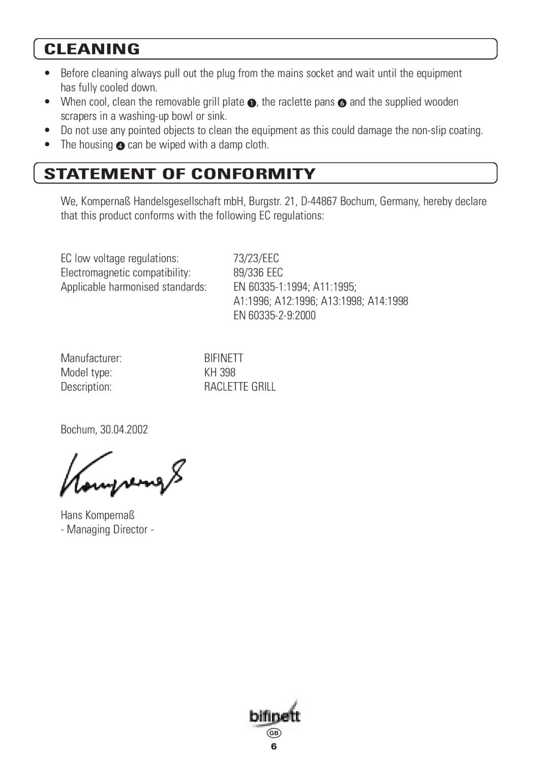 Bifinett KH 398 manual Cleaning, Statement of Conformity 