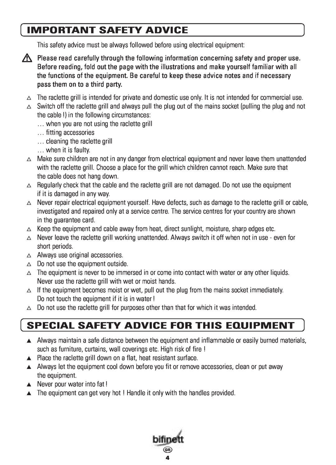 Bifinett KH 398 manual Important Safety Advice, Special Safety Advice For This Equipment 