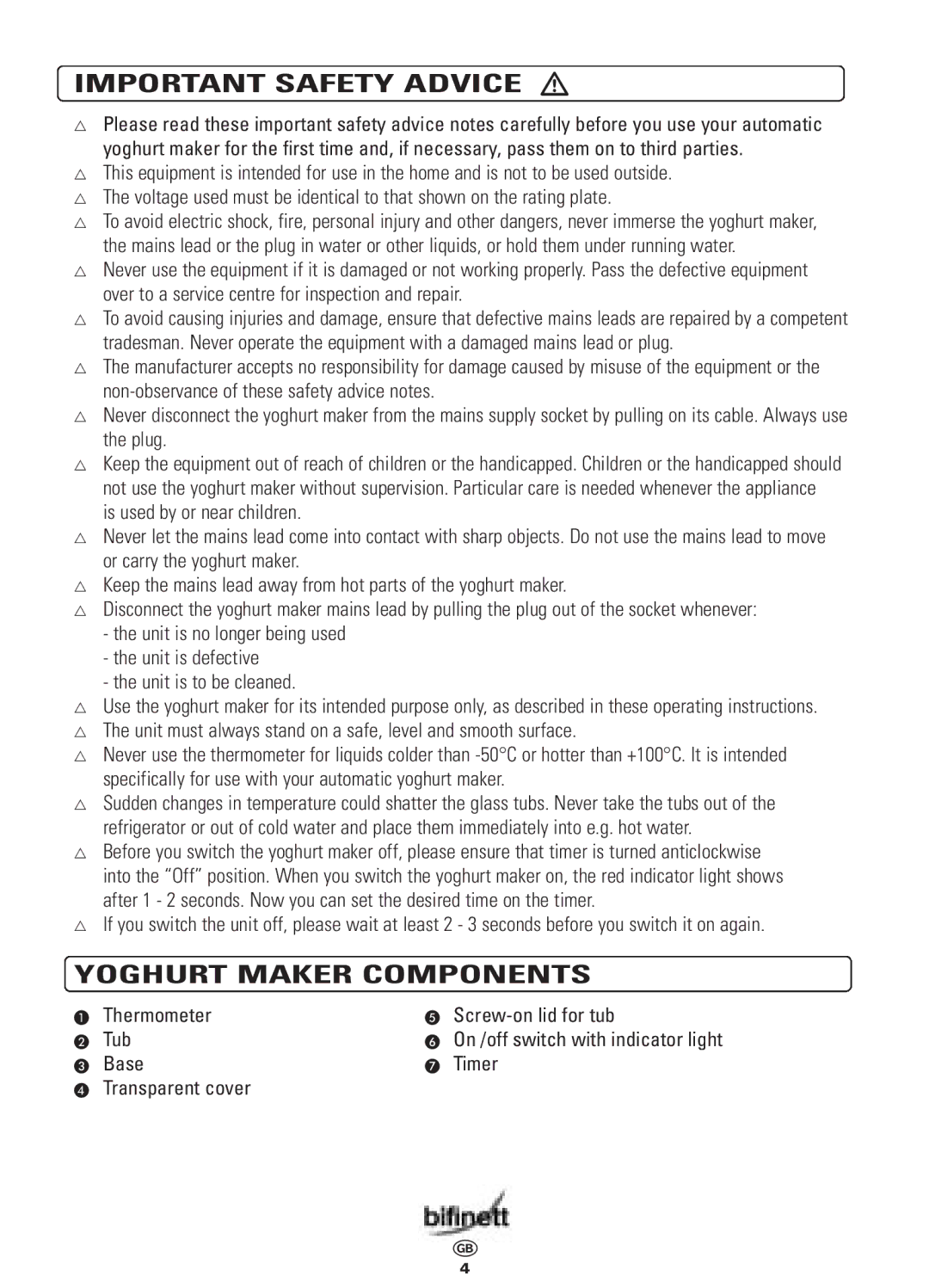 Bifinett KH 458 manual Important Safety Advice, Yoghurt Maker Components 