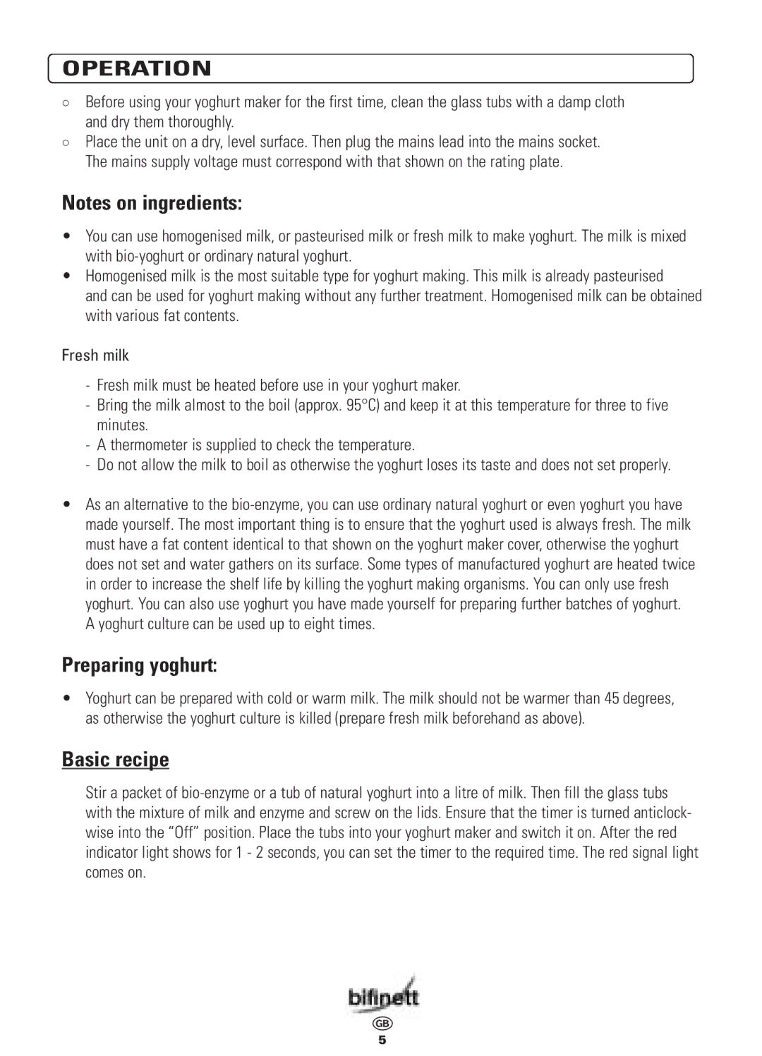 Bifinett KH 458 manual Operation, Preparing yoghurt, Basic recipe 