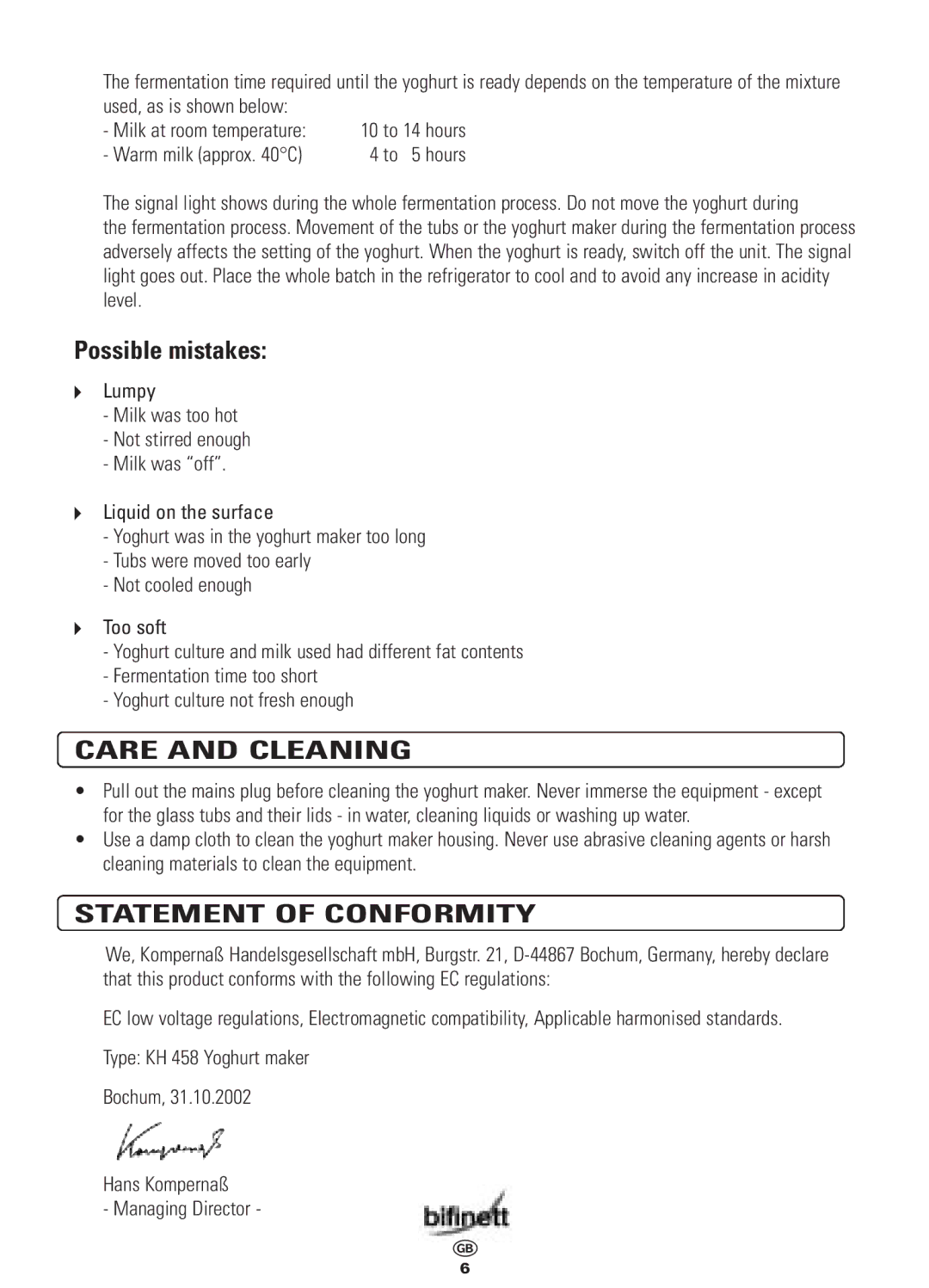 Bifinett KH 458 manual Possible mistakes, Care and Cleaning, Statement of Conformity 