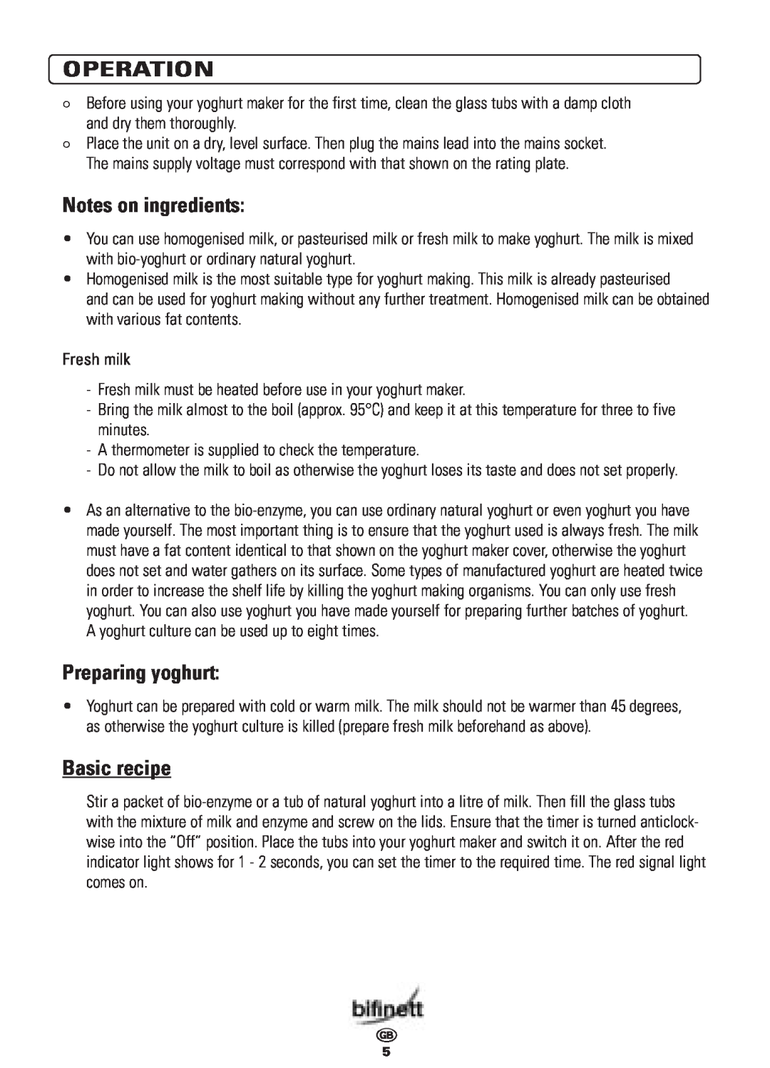 Bifinett KH 458 manual Operation, Notes on ingredients, Preparing yoghurt, Basic recipe 