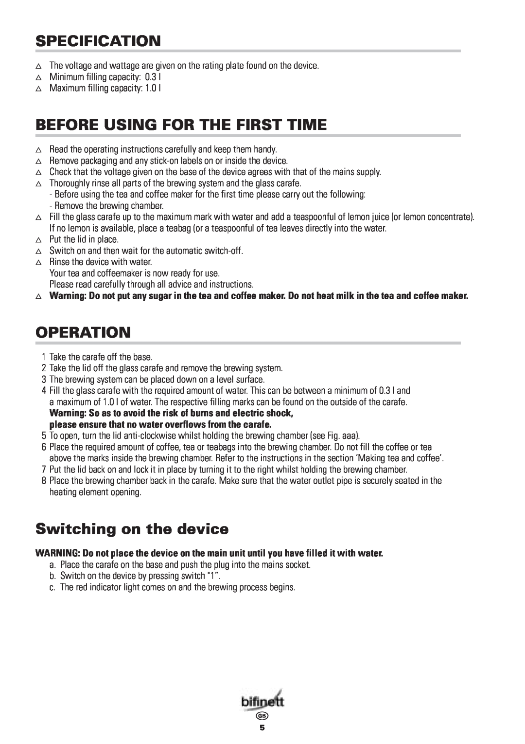 Bifinett KH 600 manual Specification, Before Using For The First Time, Operation, Switching on the device 