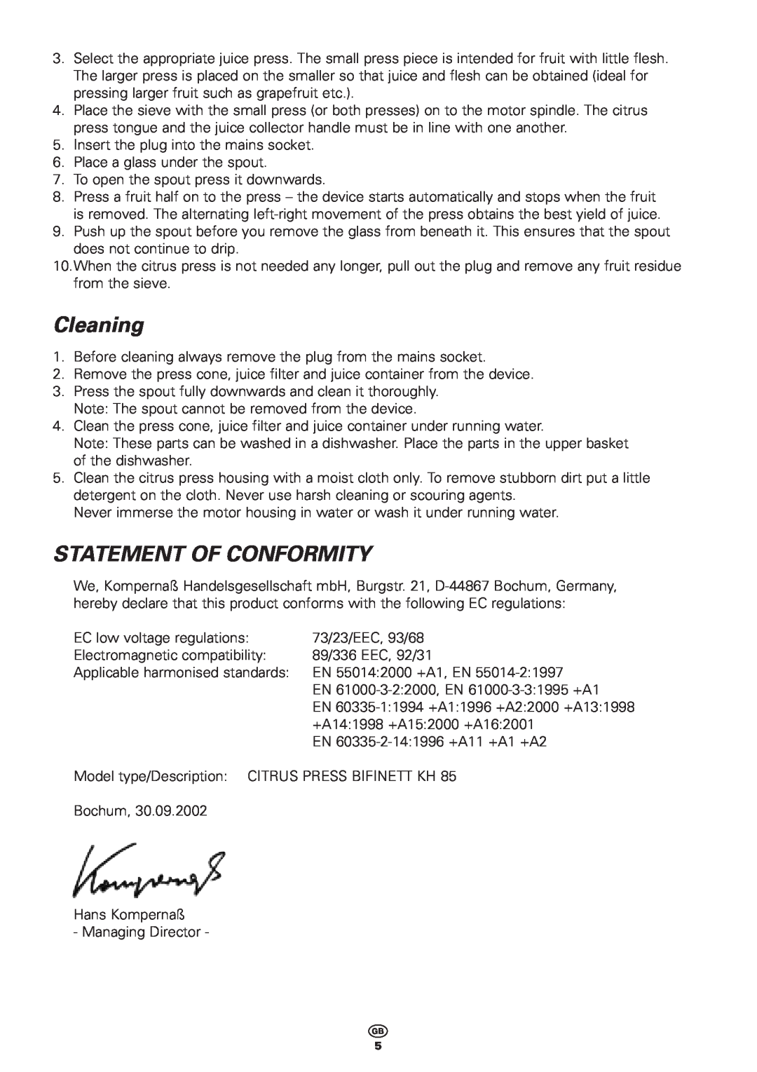 Bifinett KH 85 manual Cleaning, Statement Of Conformity 