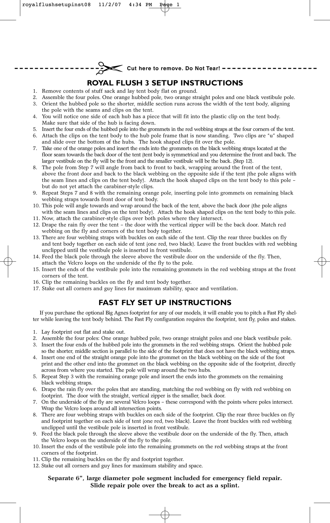 Big Agnes manual Royal Flush 3 Setup Instructions, Fast FLY SET UP Instructions 