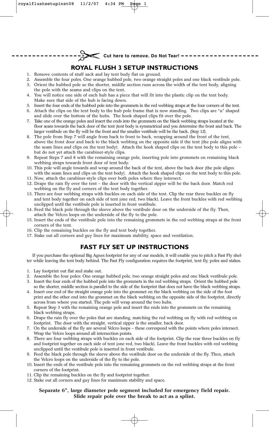 Big Agnes Royal Flush 3 manual ROYAL FLUSH 3 SETUP INSTRUCTIONS, Fast Fly Set Up Instructions 
