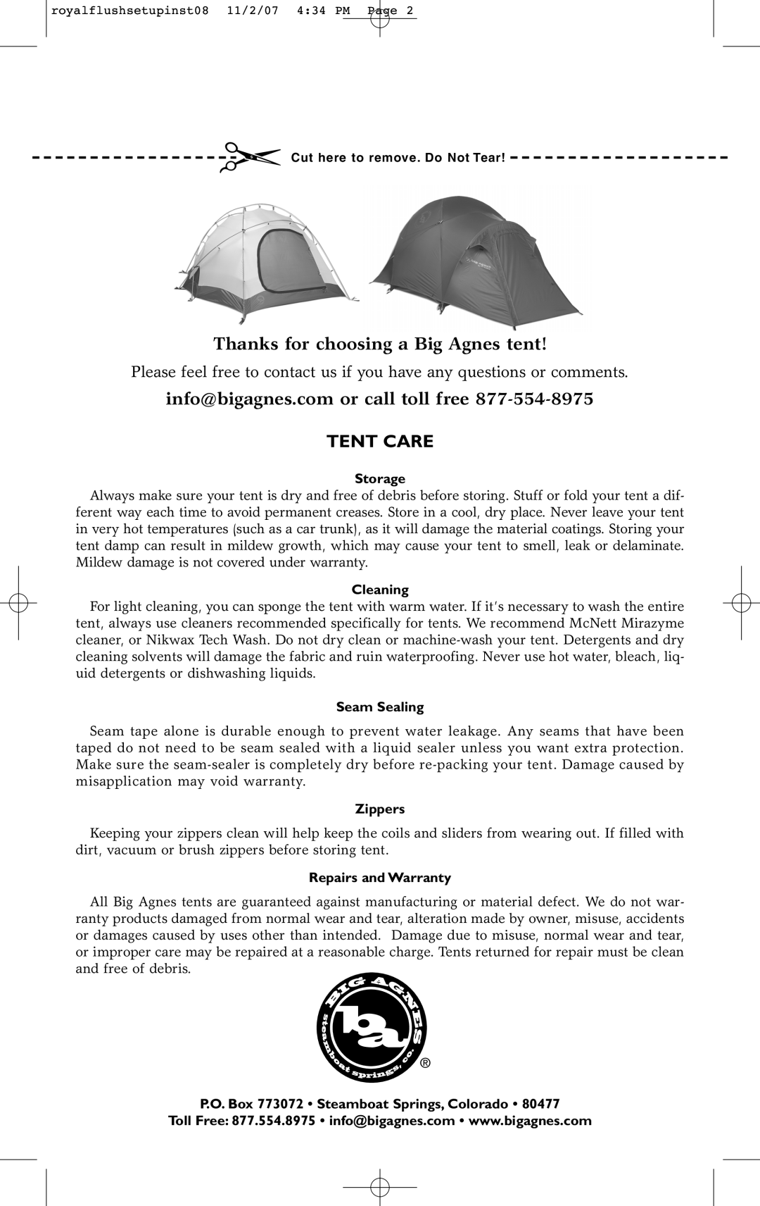 Big Agnes Royal Flush 3 Tent Care, Thanks for choosing a Big Agnes tent, info@bigagnes.com or call toll free, Storage 