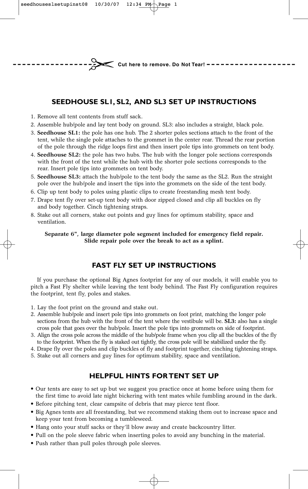 Big Agnes Seedhouse SL2 manual Seedhouse SL1, SL2, and SL3 SET UP Instructions, Fast FLY SET UP Instructions 