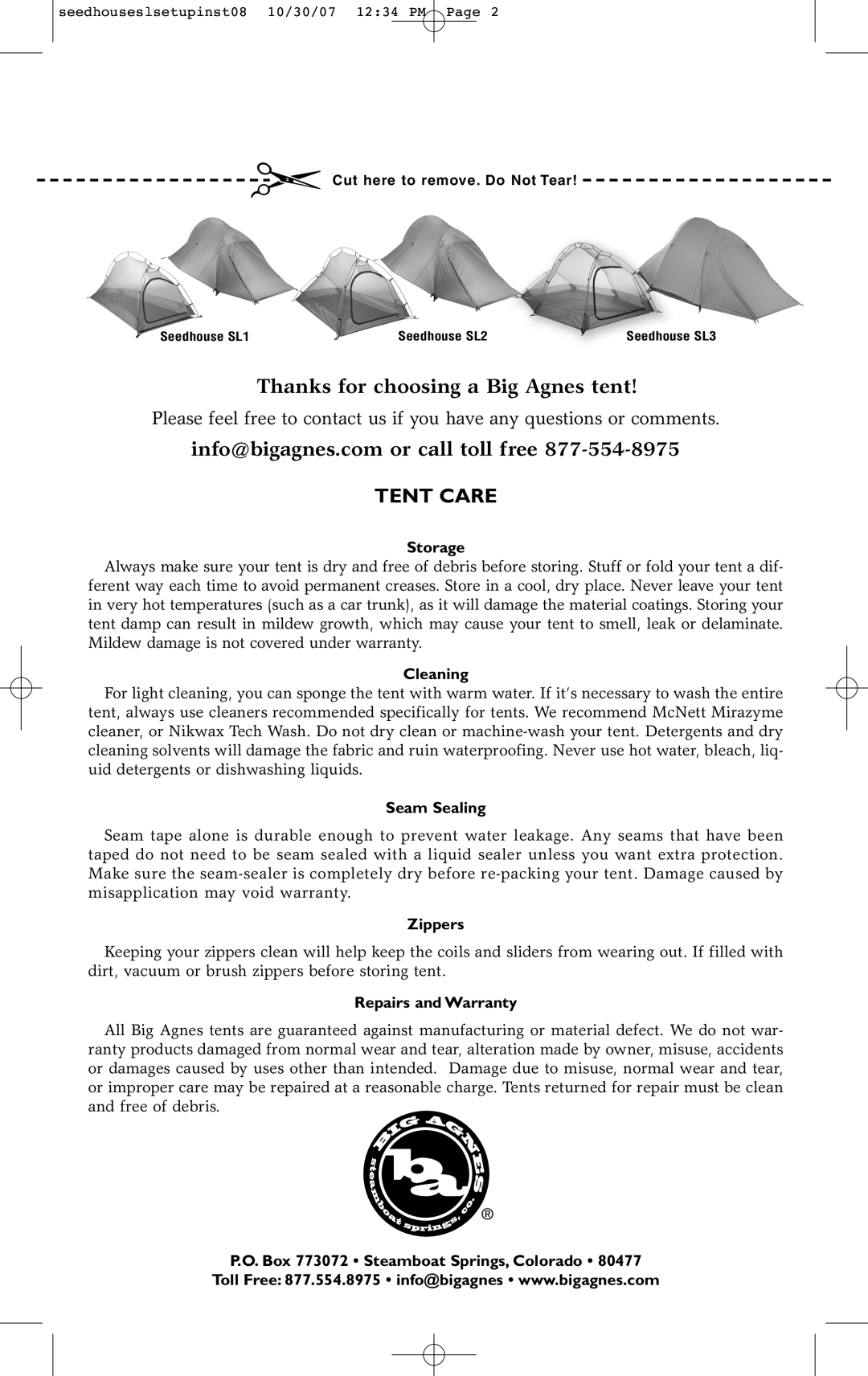 Big Agnes Seedhouse SL3, Seedhouse SL1, Seedhouse SL2 manual Tent Care 