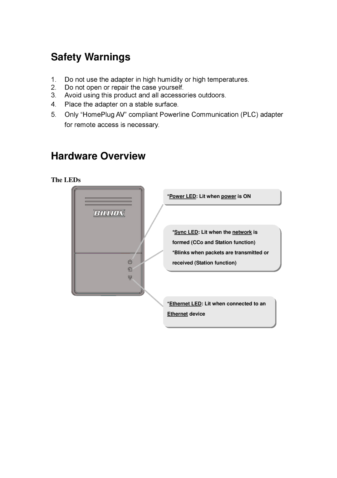 Billion Electric Company 2070 (P) user manual Safety Warnings, Hardware Overview 