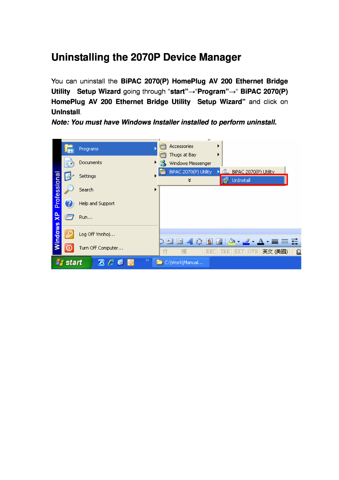 Billion Electric Company 2070 (P) user manual Uninstalling the 2070P Device Manager 