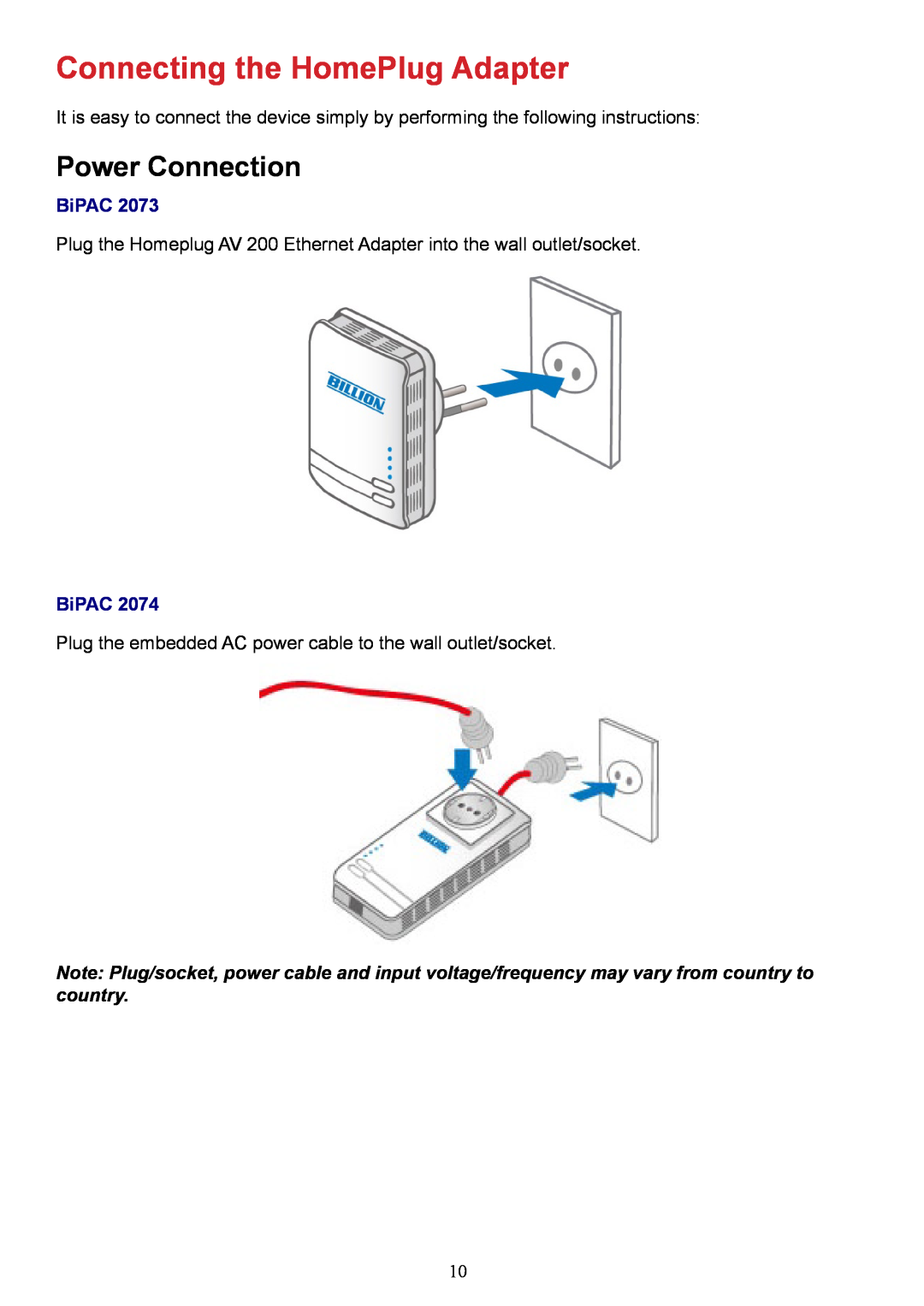 Billion Electric Company 2073 user manual Connecting the HomePlug Adapter, Power Connection 