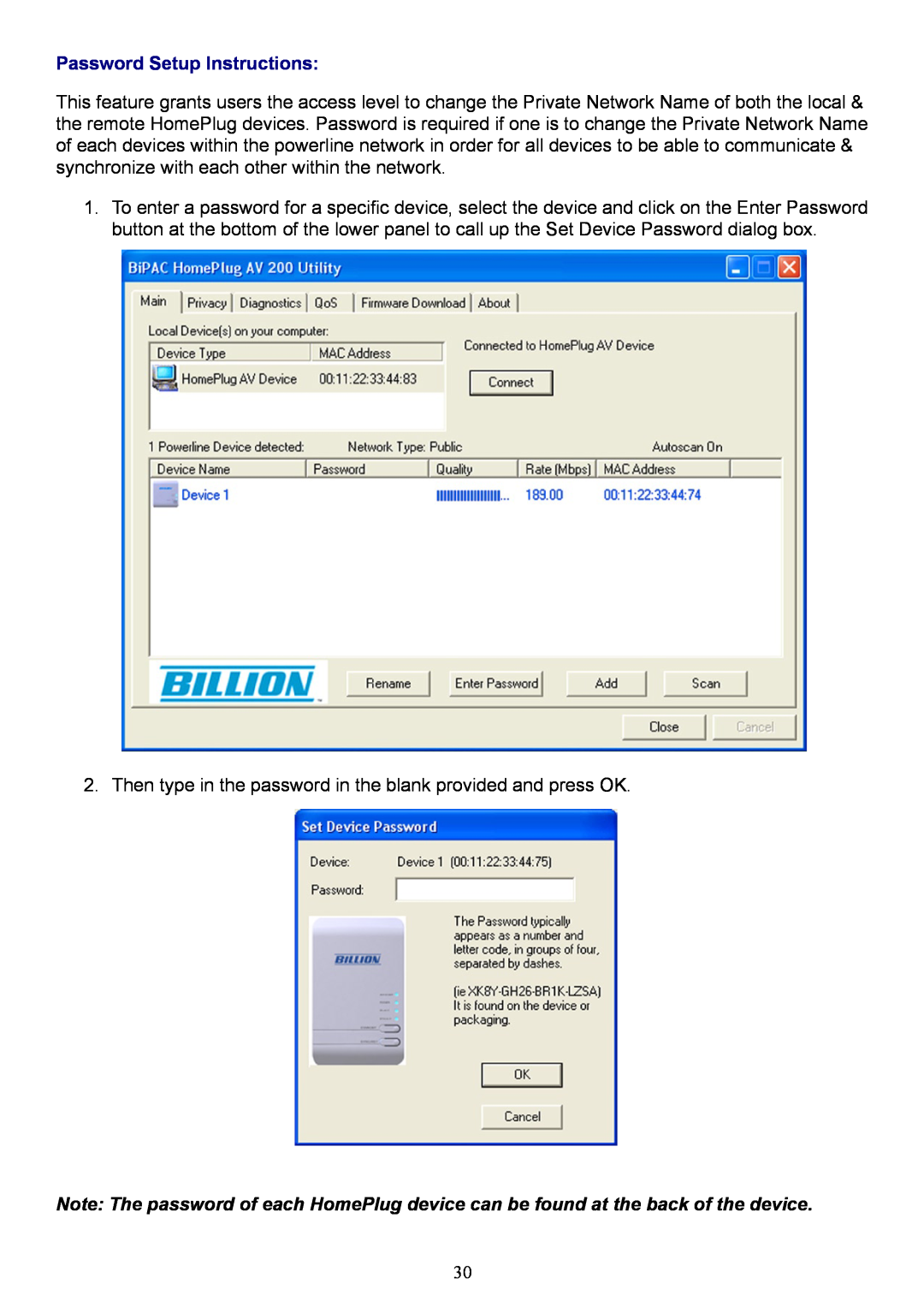 Billion Electric Company 2073 user manual Password Setup Instructions 