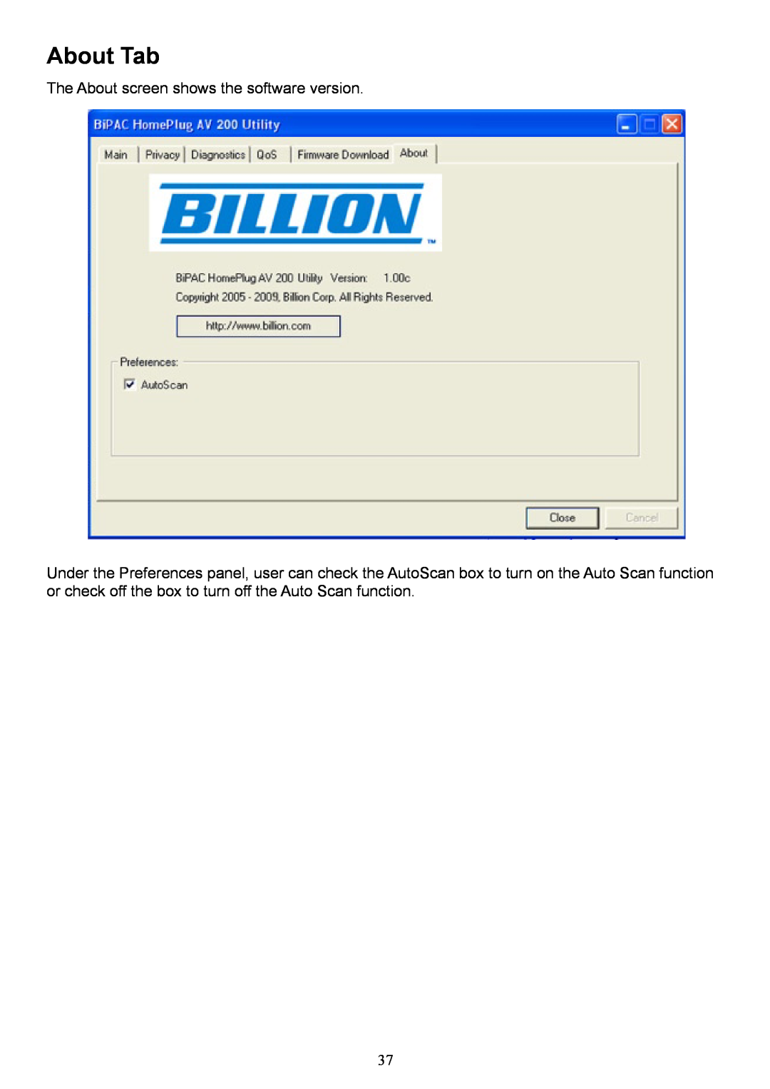 Billion Electric Company 2073 user manual About Tab, The About screen shows the software version 
