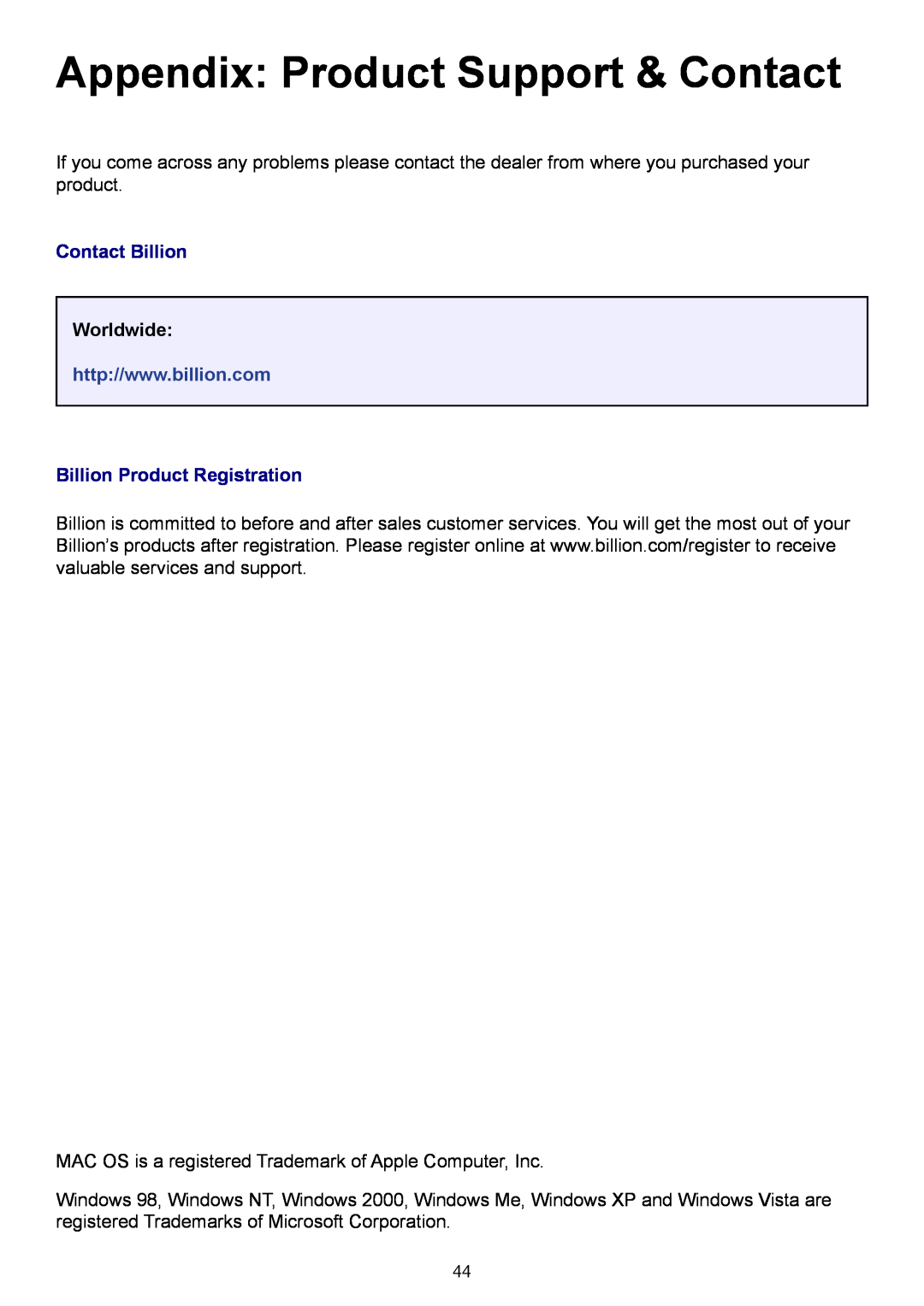 Billion Electric Company 2073 user manual Appendix Product Support & Contact, Worldwide 