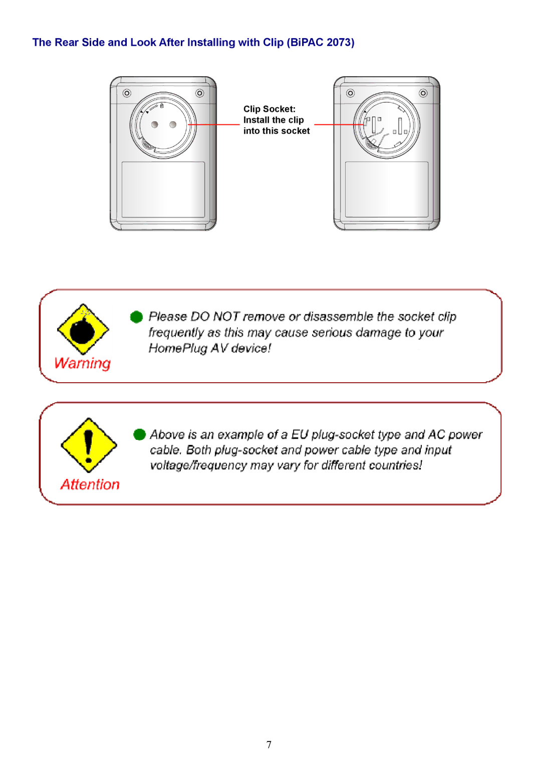 Billion Electric Company 2073 user manual Rear Side and Look After Installing with Clip BiPAC 