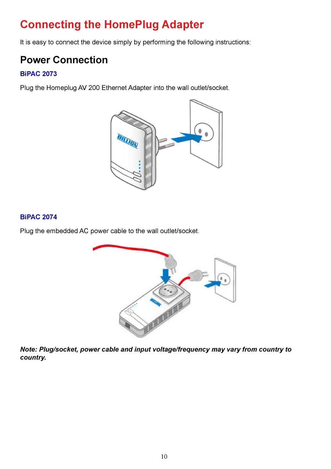 Billion Electric Company 2073 user manual Connecting the HomePlug Adapter, Power Connection, BiPAC 