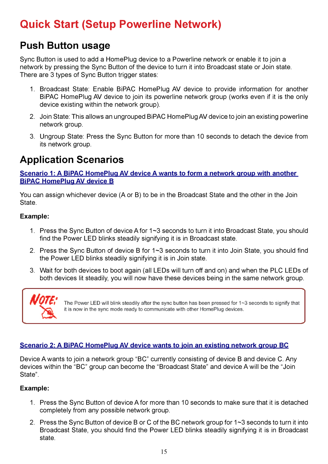 Billion Electric Company 2073 user manual Quick Start Setup Powerline Network, Push Button usage, Application Scenarios 