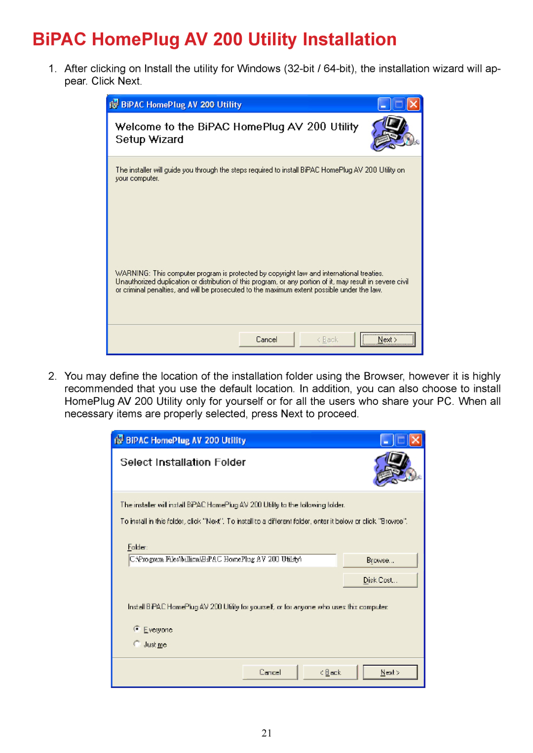 Billion Electric Company 2073 user manual BiPAC HomePlug AV 200 Utility Installation 