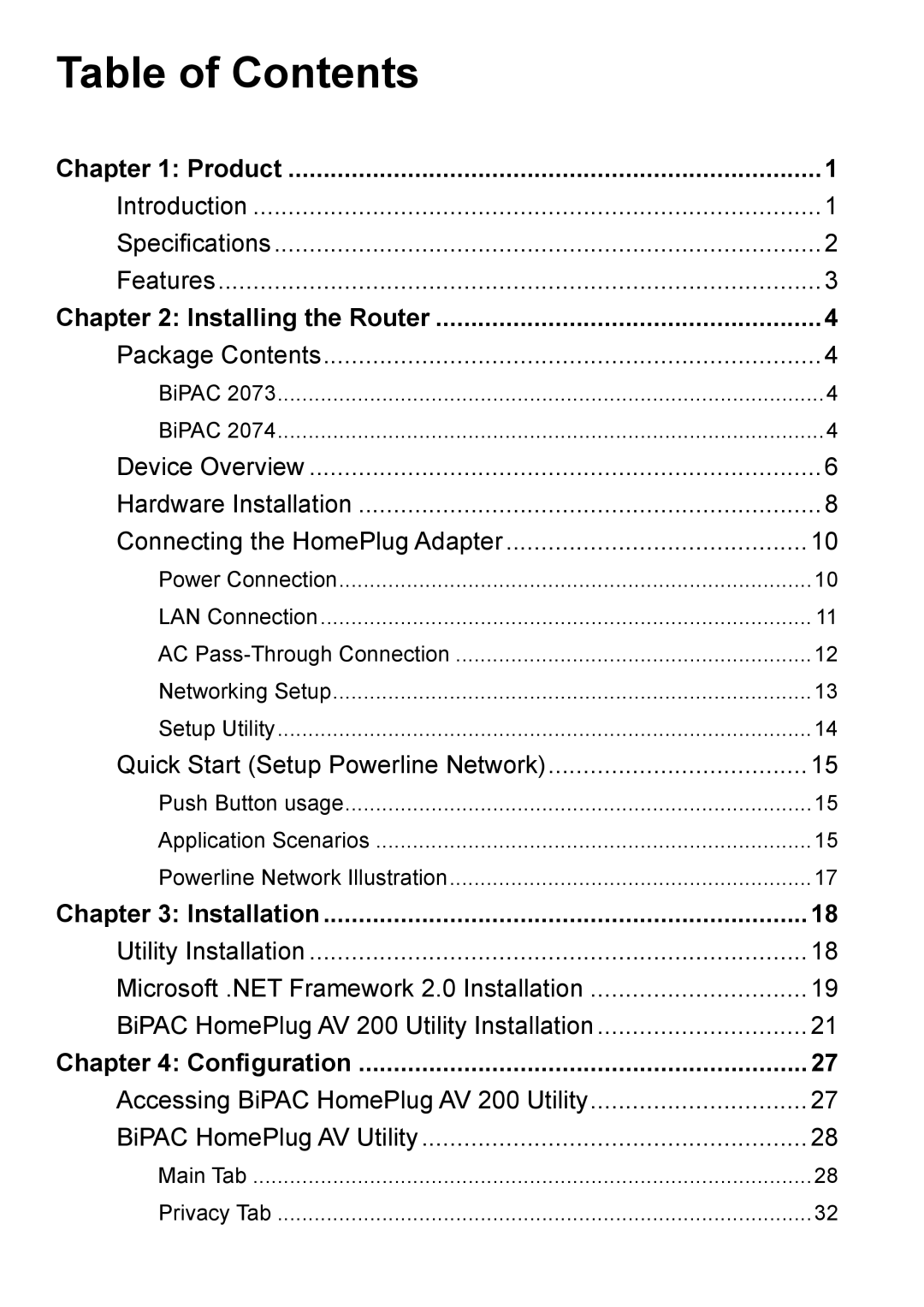 Billion Electric Company 2073 user manual Table of Contents 