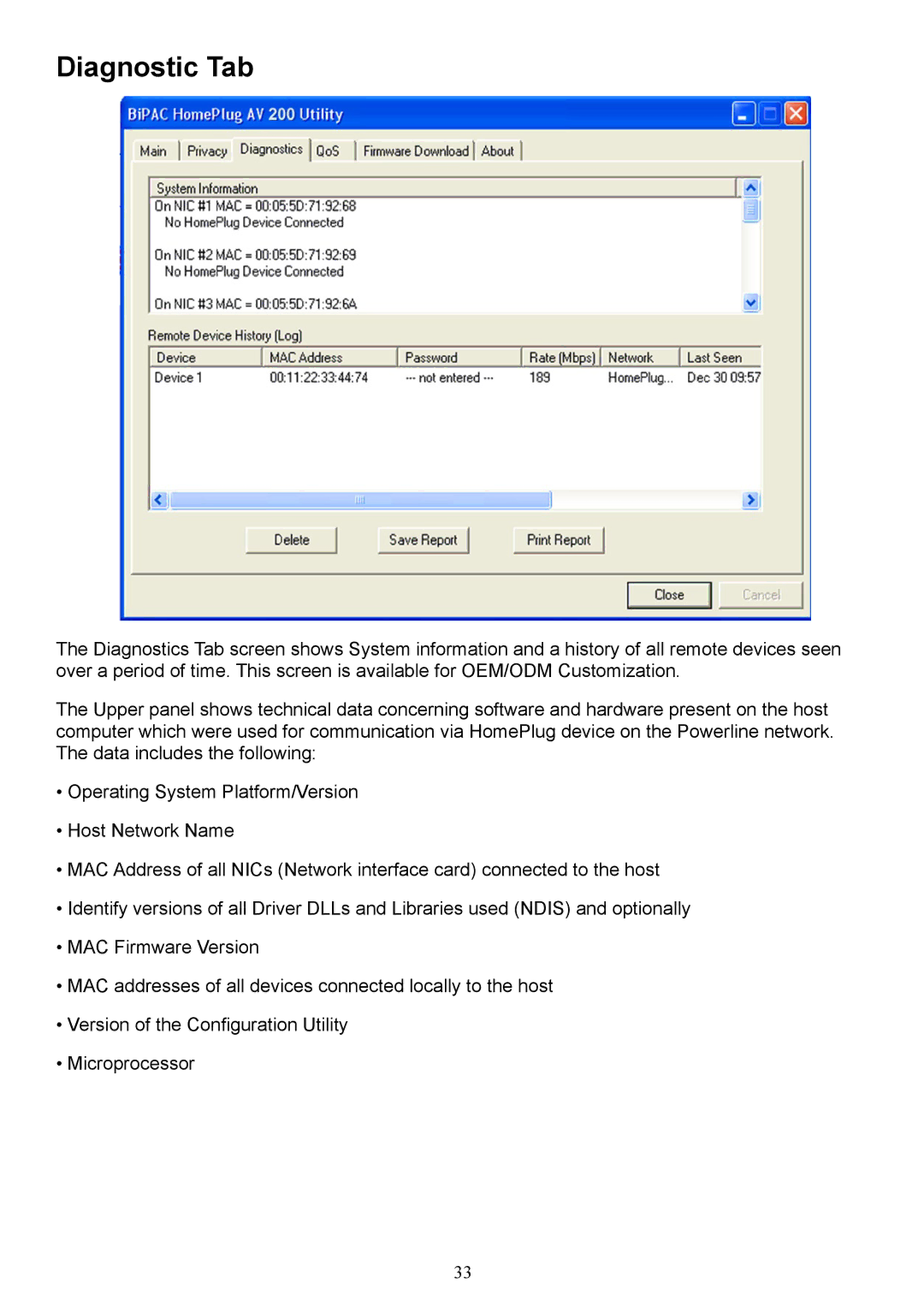 Billion Electric Company 2073 user manual Diagnostic Tab 