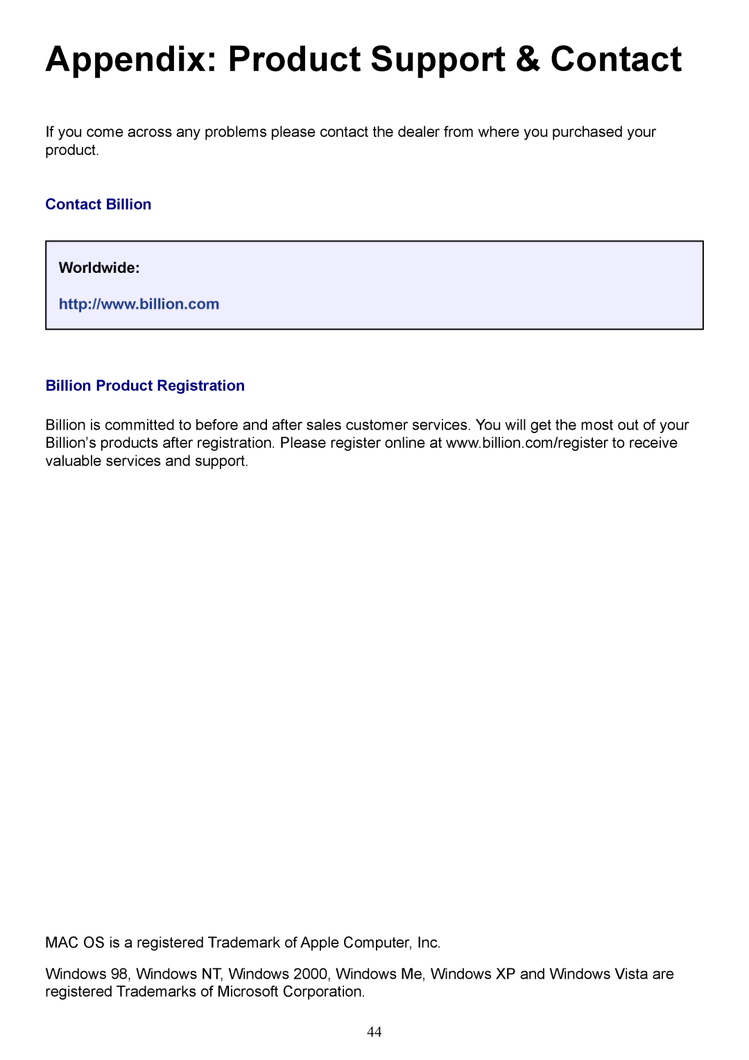 Billion Electric Company 2073 user manual Appendix Product Support & Contact, Contact Billion, Billion Product Registration 