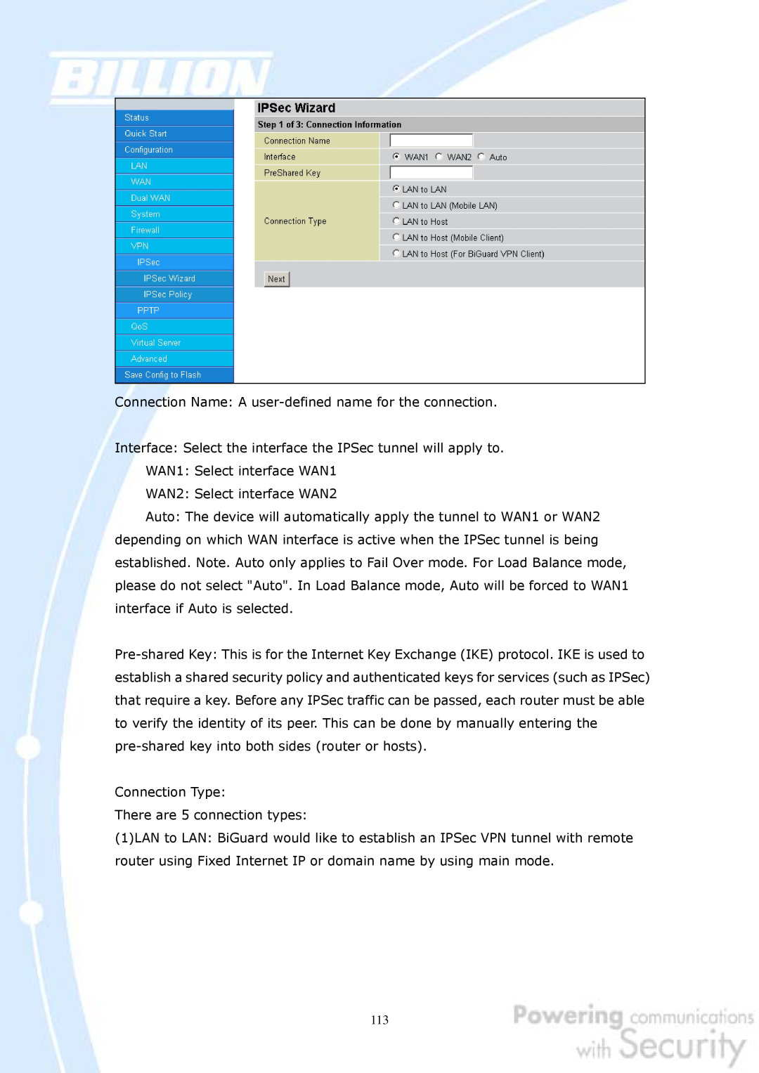 Billion Electric Company 30 user manual Connection Name A user-defined name for the connection 