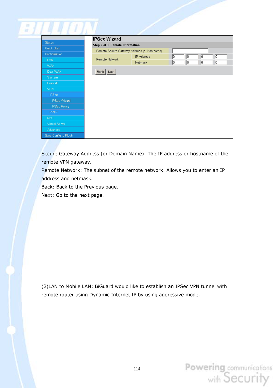 Billion Electric Company 30 user manual Back Back to the Previous page Next Go to the next page 