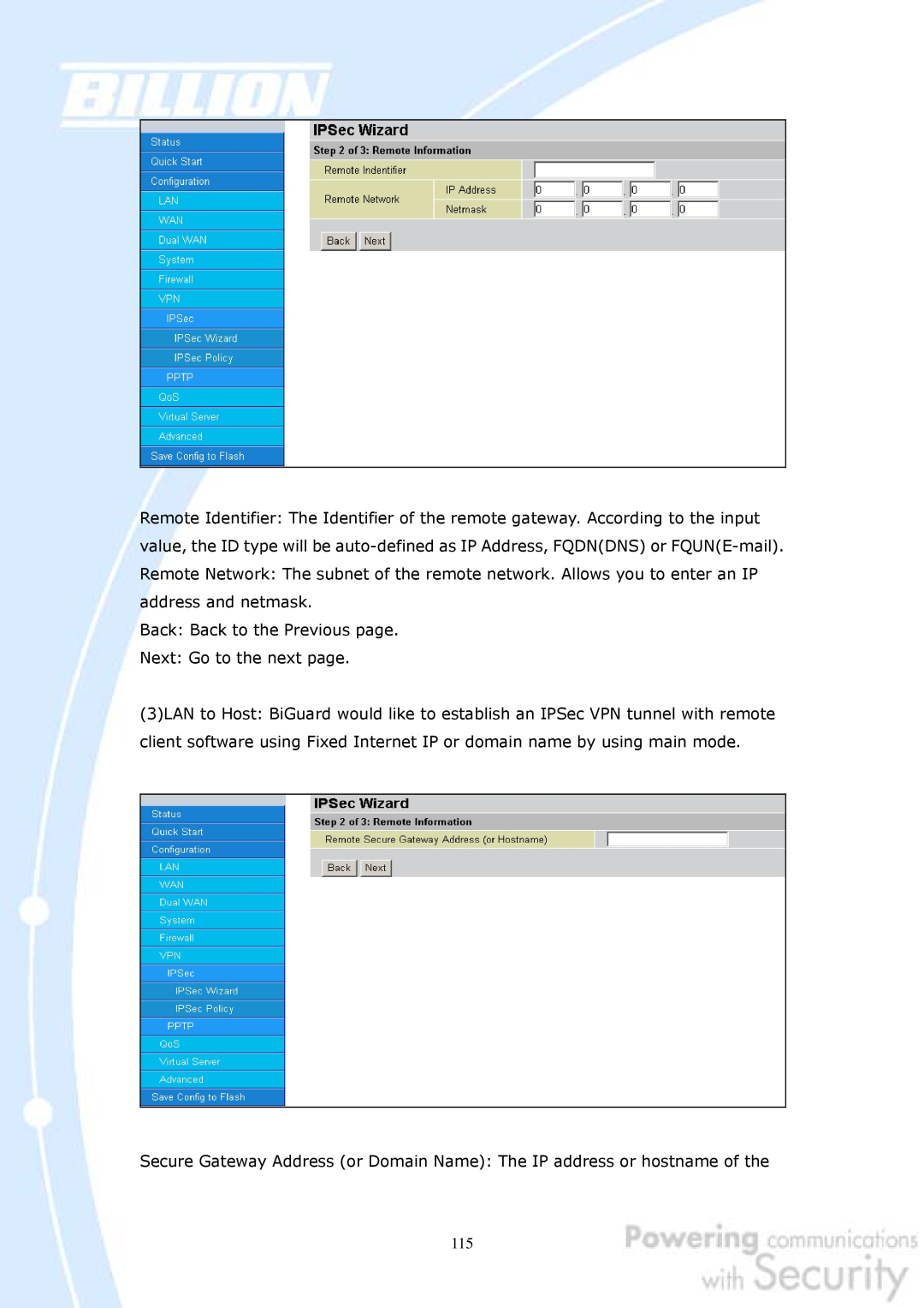 Billion Electric Company 30 user manual Back Back to the Previous page Next Go to the next page 