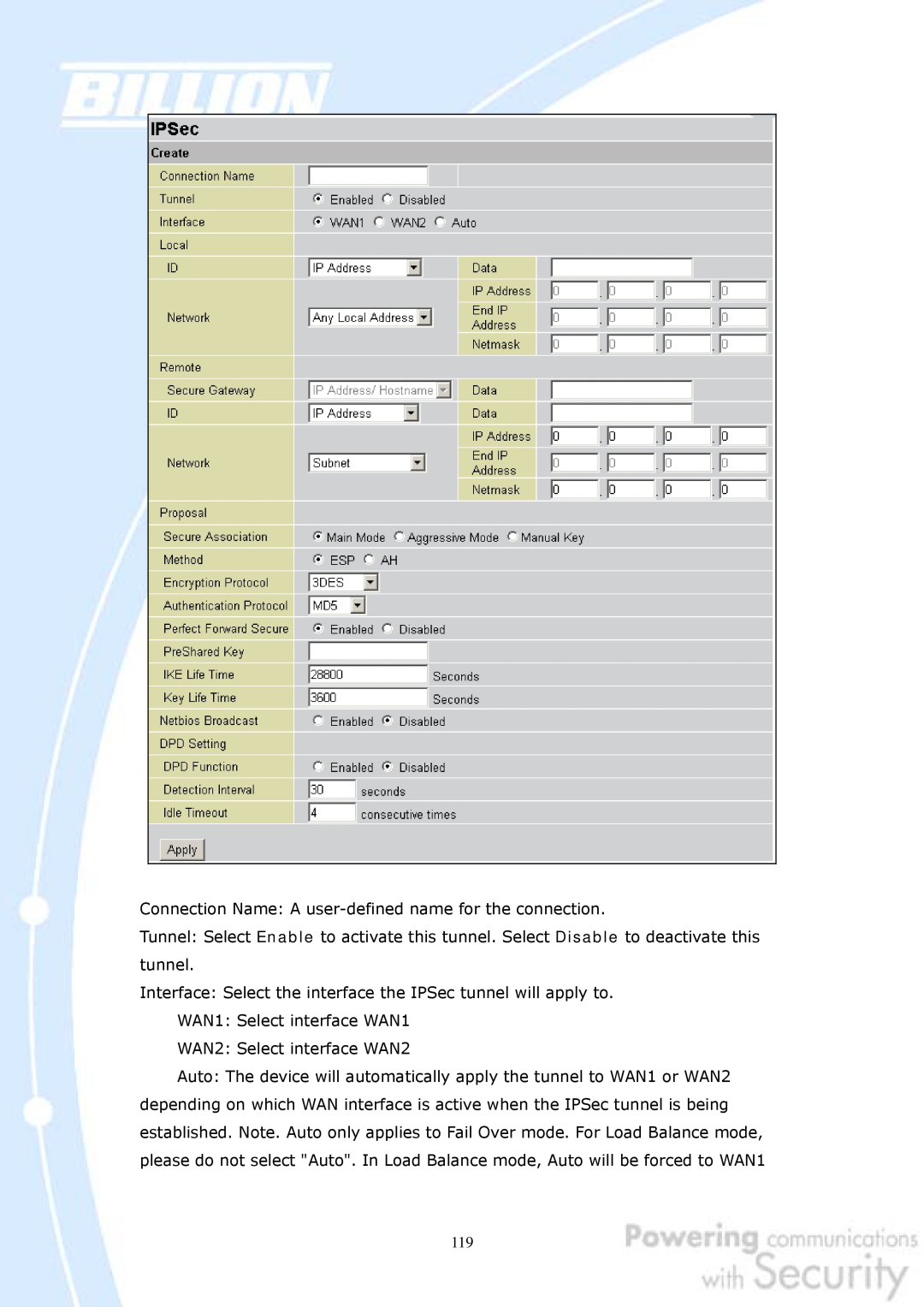 Billion Electric Company 30 user manual Connection Name A user-defined name for the connection 