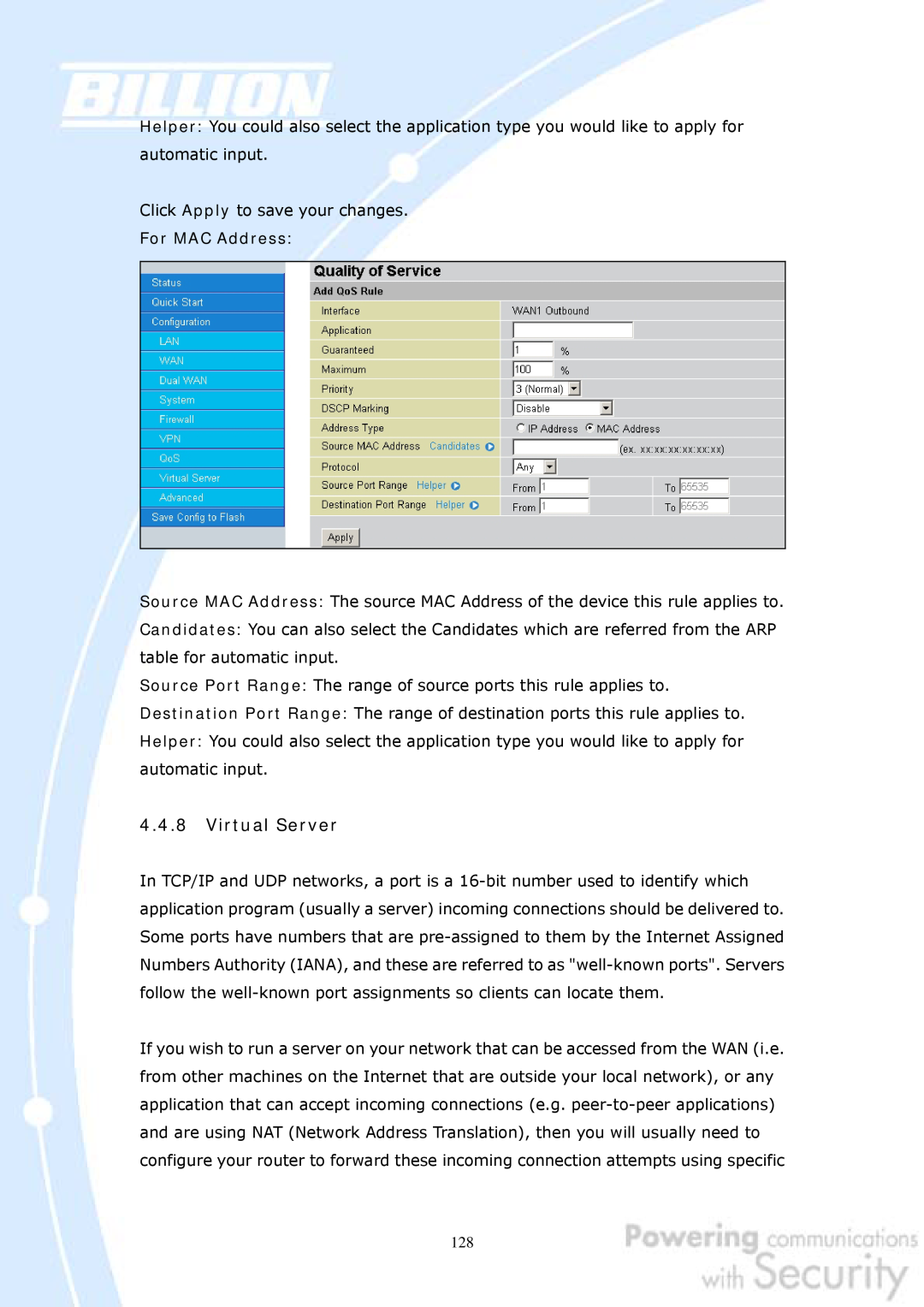 Billion Electric Company 30 user manual Virtual Server, For MAC Address 