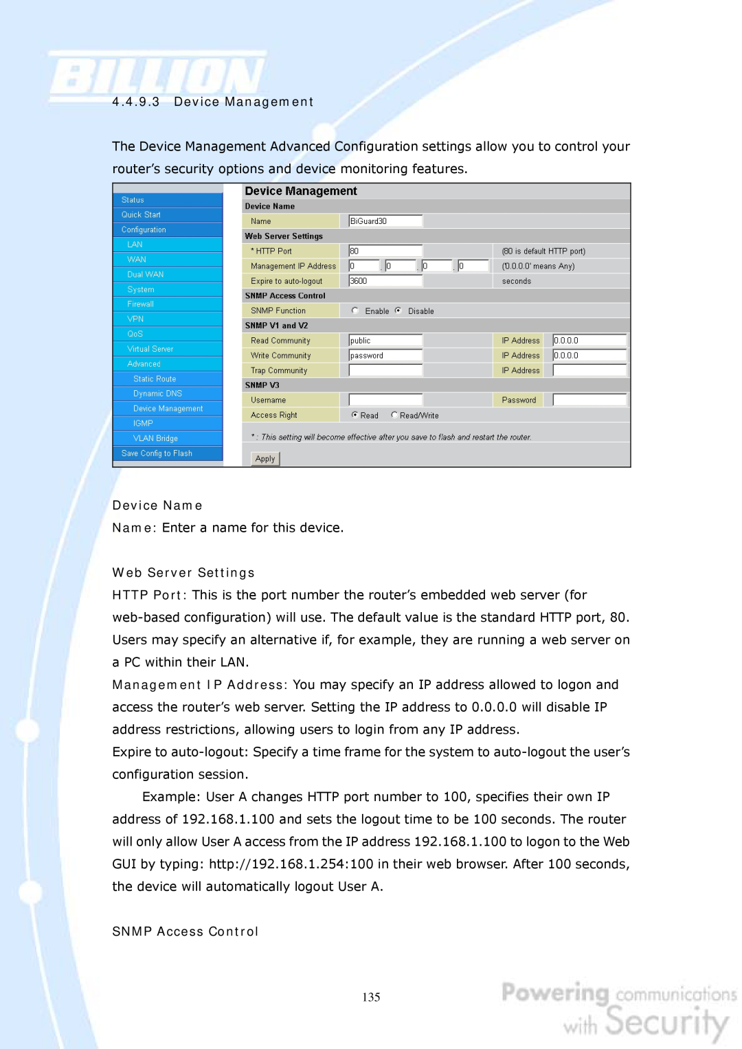 Billion Electric Company 30 user manual Device Management, Device Name, Web Server Settings, SNMP Access Control 