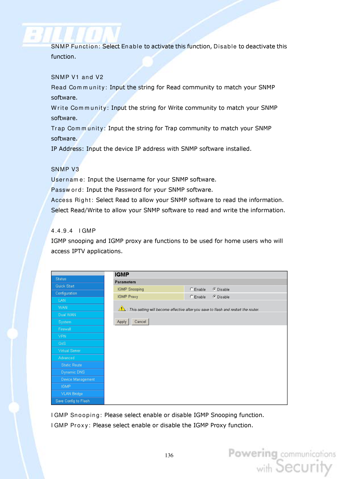 Billion Electric Company 30 user manual SNMP V1 and, Snmp, Igmp 