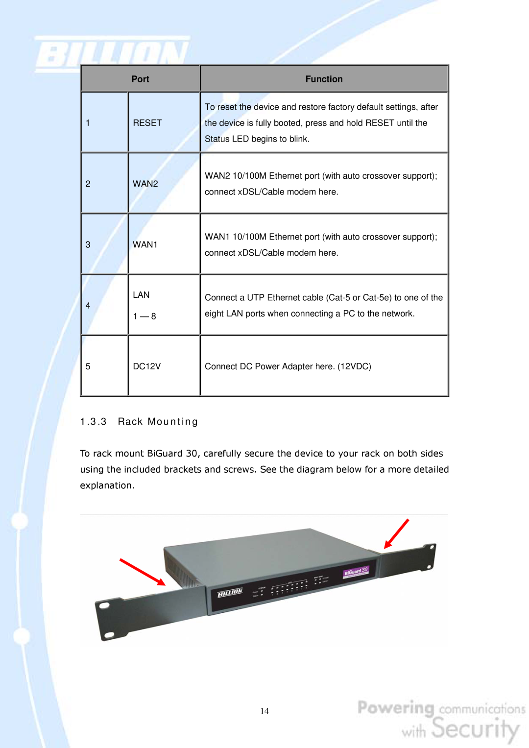 Billion Electric Company 30 user manual RESET WAN2 WAN1 LAN 