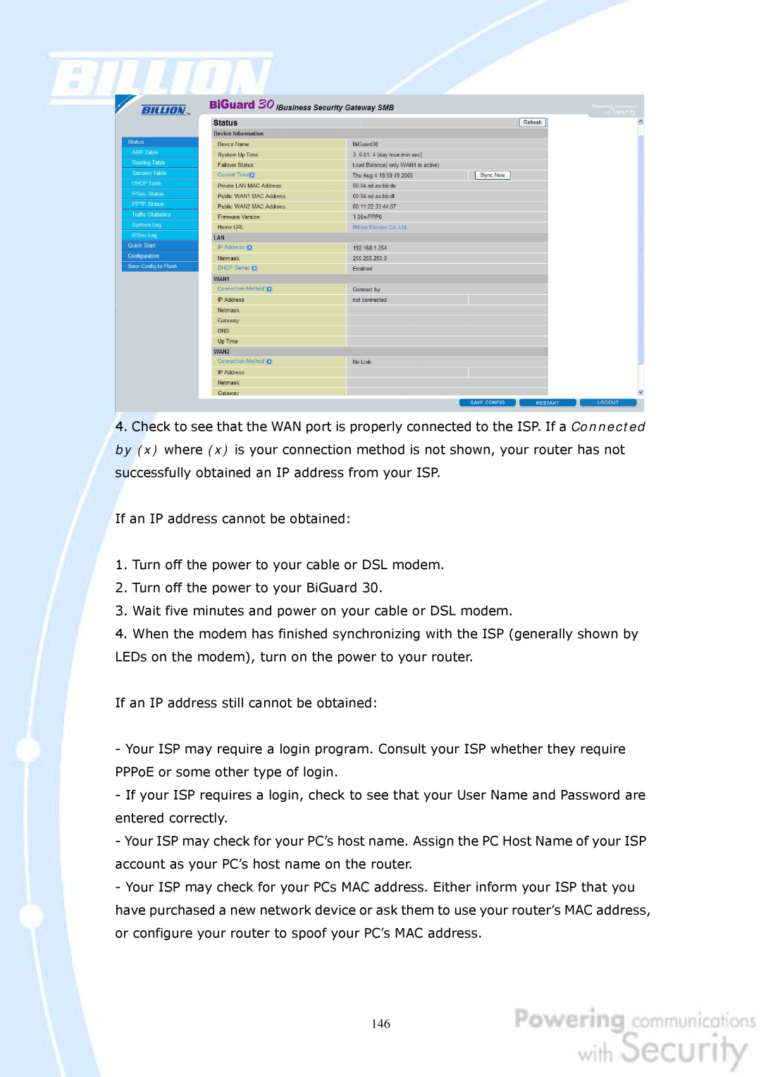 Billion Electric Company 30 user manual If an IP address cannot be obtained 