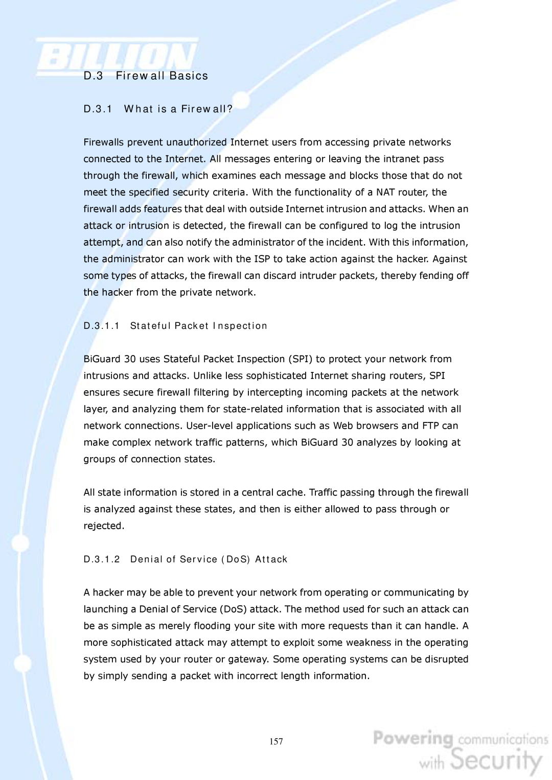 Billion Electric Company 30 D.3 Firewall Basics, D.3.1.1 Stateful Packet Inspection, D.3.1.2 Denial of Service DoS Attack 