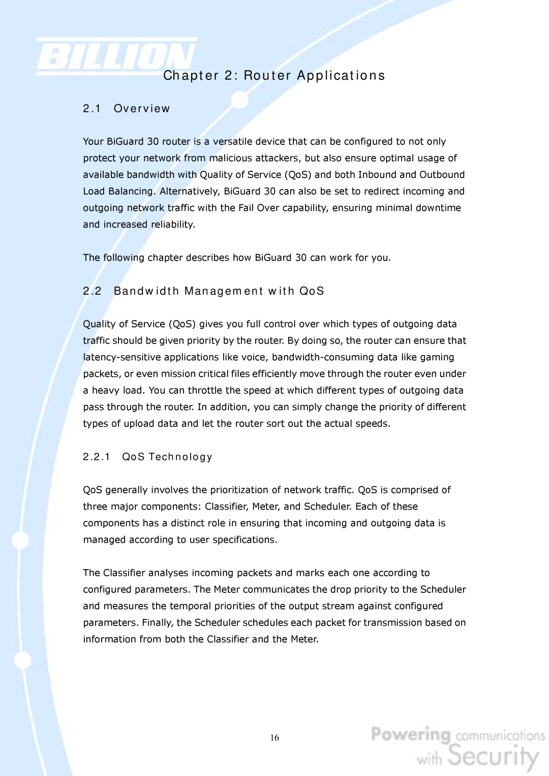 Billion Electric Company 30 user manual Overview, Bandwidth Management with QoS, Router Applications, QoS Technology 
