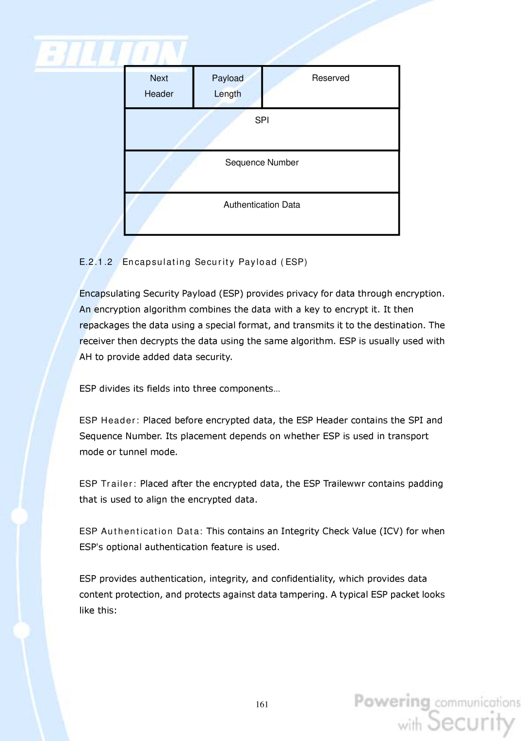 Billion Electric Company 30 E.2.1.2 Encapsulating Security Payload ESP, ESP divides its fields into three components… 