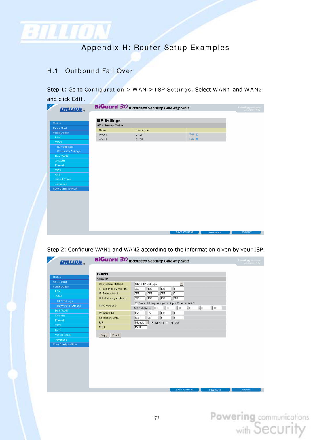 Billion Electric Company 30 user manual H.1 Outbound Fail Over, Appendix H Router Setup Examples 