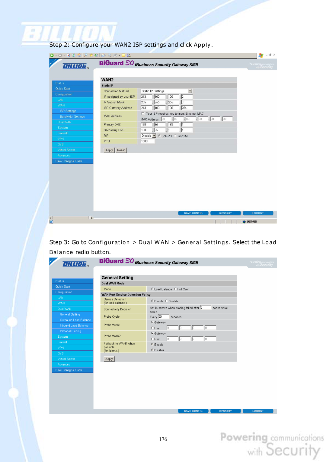 Billion Electric Company 30 user manual Configure your WAN2 ISP settings and click Apply 