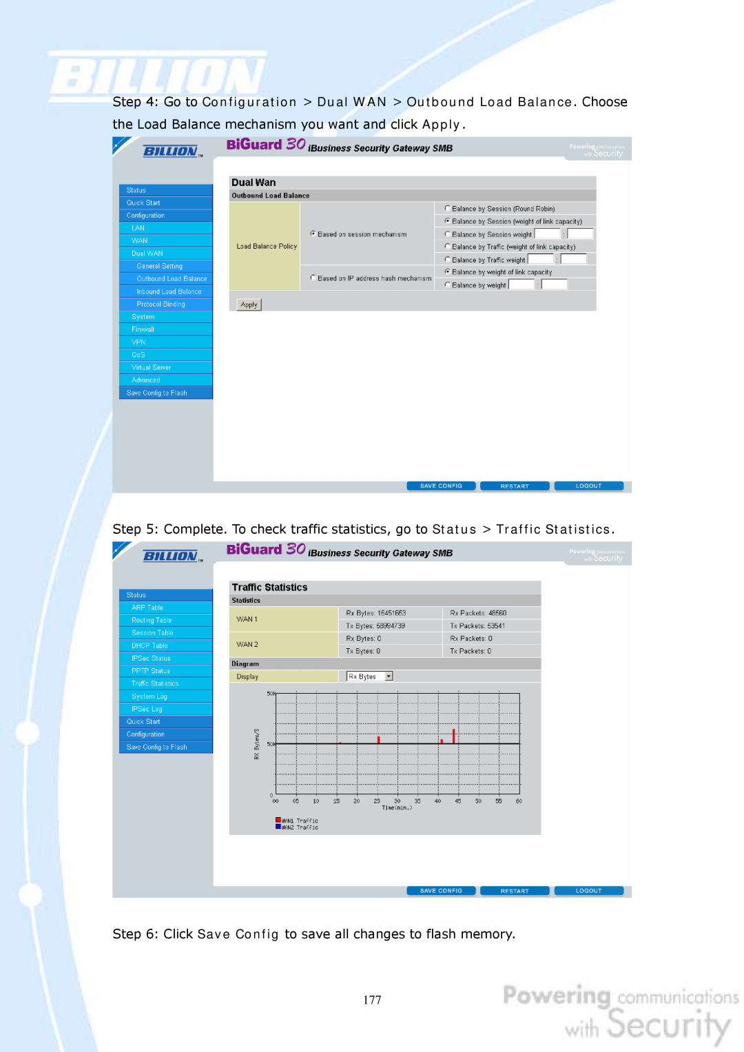 Billion Electric Company 30 user manual Click Save Config to save all changes to flash memory 