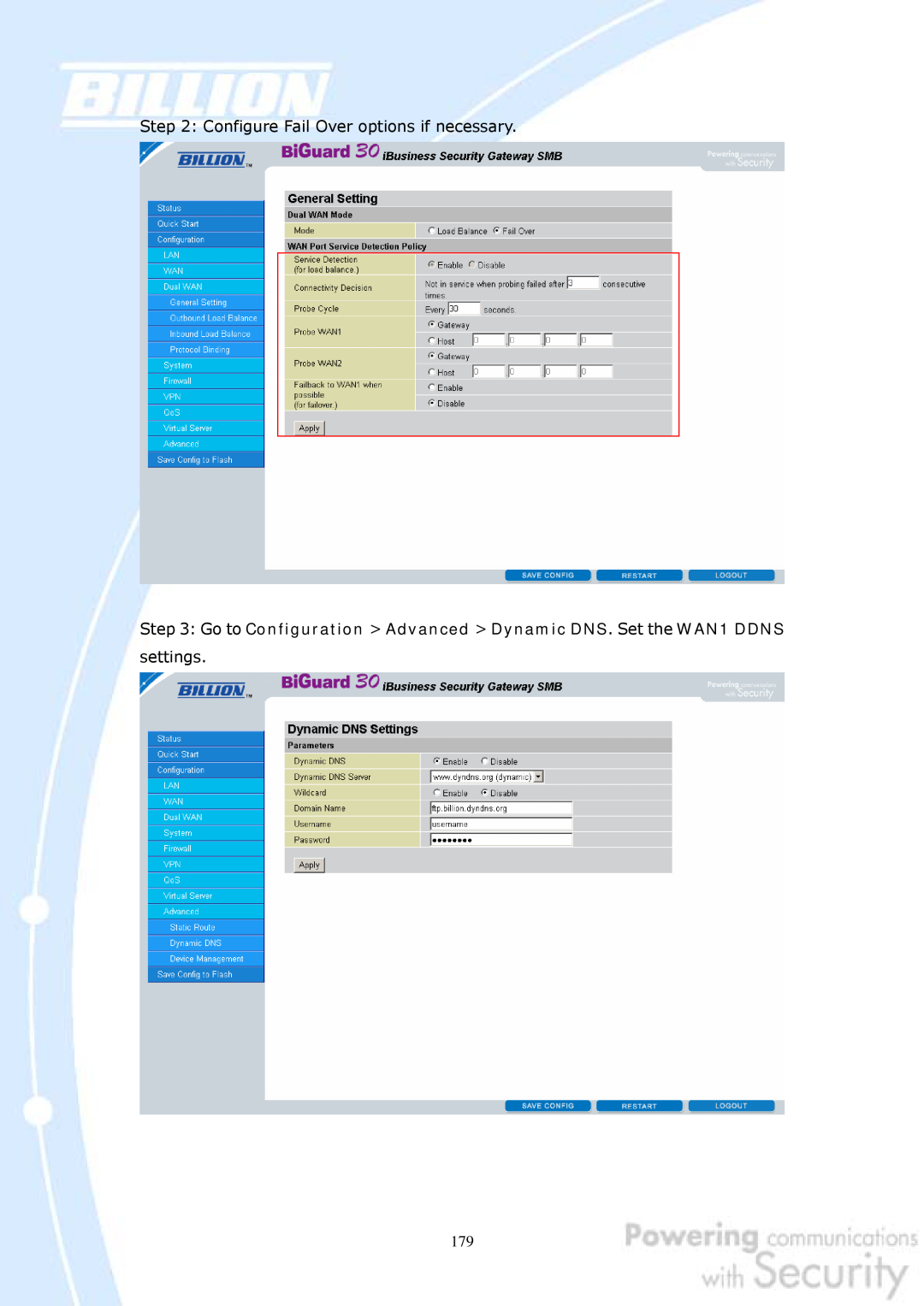 Billion Electric Company 30 user manual Configure Fail Over options if necessary 