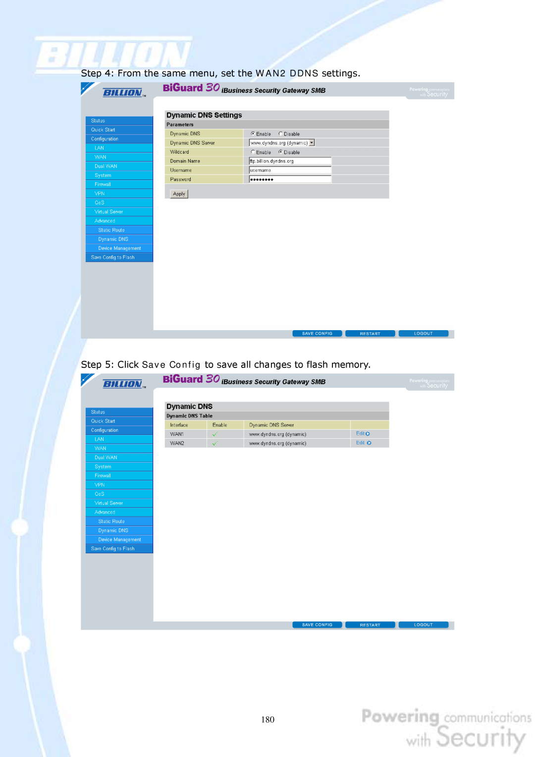 Billion Electric Company 30 user manual From the same menu, set the WAN2 DDNS settings 