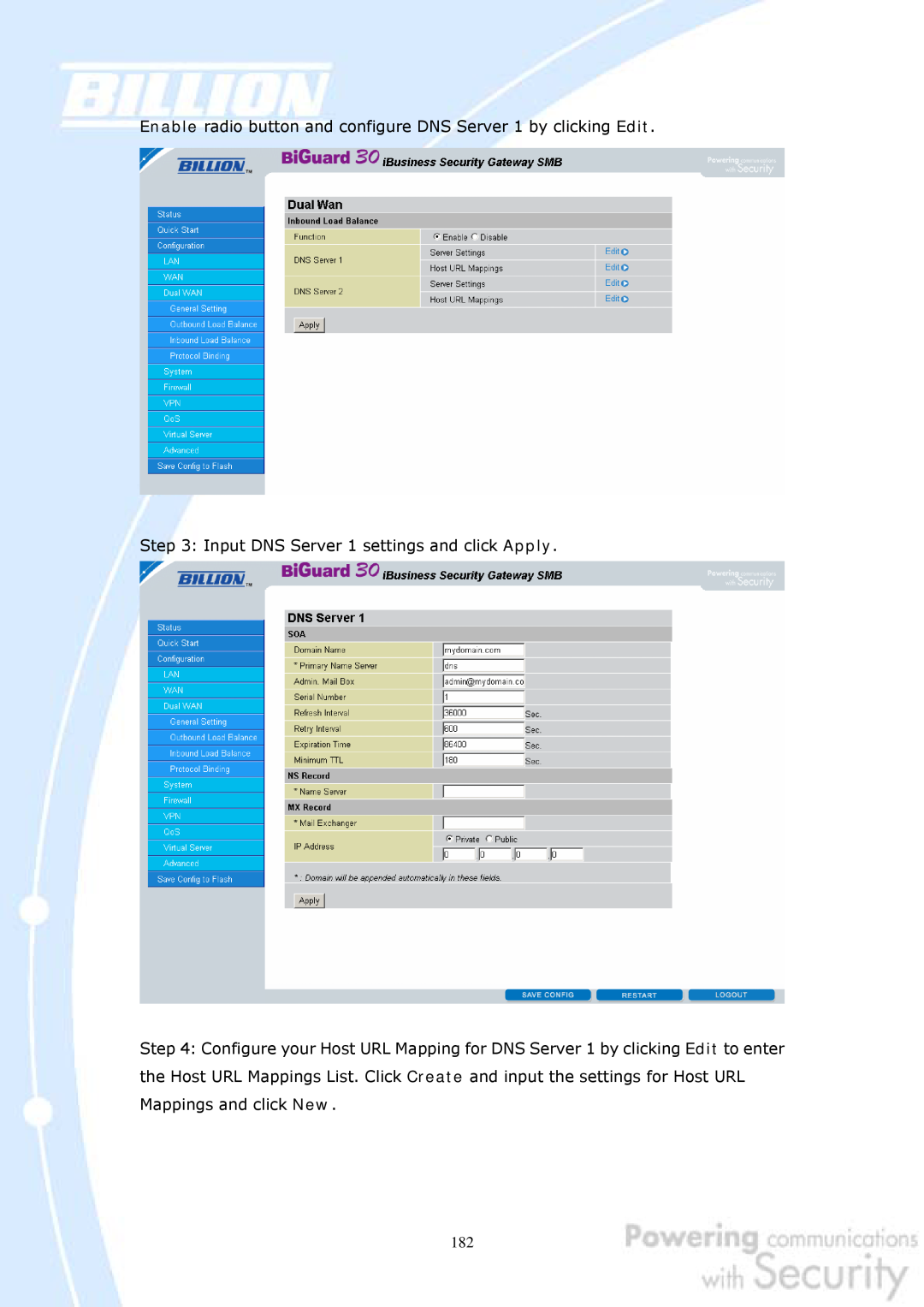 Billion Electric Company 30 user manual Enable radio button and configure DNS Server 1 by clicking Edit 