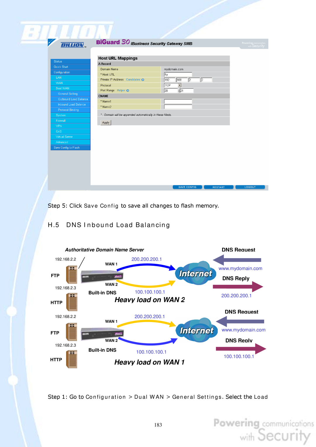 Billion Electric Company 30 H.5 DNS Inbound Load Balancing, Heavy load on WAN, DNS Request, DNS Reply, 200.200.200.1, Http 