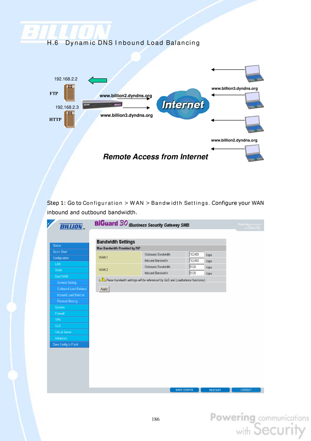 Billion Electric Company 30 user manual H.6 Dynamic DNS Inbound Load Balancing, Remote Access from Internet, Http 