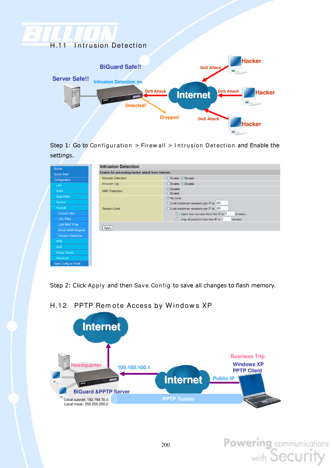 Billion Electric Company 30 H.11 Intrusion Detection, Internet, H.12 PPTP Remote Access by Windows XP, Hacker, Headquarter 
