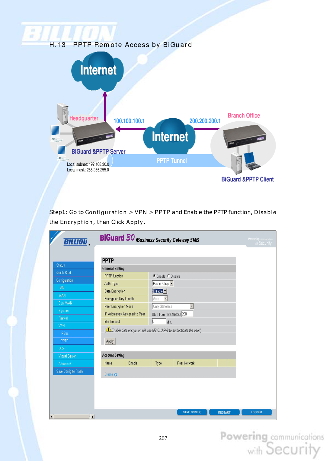 Billion Electric Company 30 Internet, H.13 PPTP Remote Access by BiGuard, Branch Office, 200.200.200.1, PPTP Tunnel 